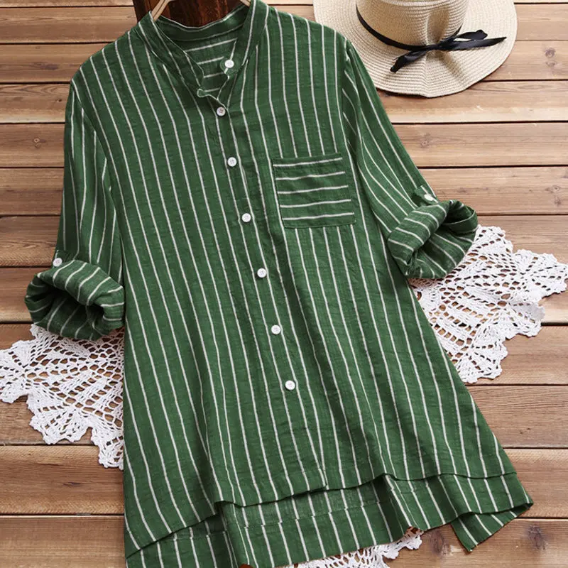 

2020 spring and summer large size women's long-sleeved blouse vertical striped irregular loose button shirt