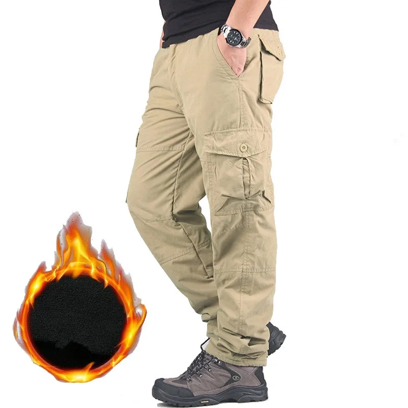 Зимние теплые брюки карго мужские двухслойные хлопковые спортивные брюки толстые плюс бархатные флисовые брюки военные армейские тактические мешковатые брюки - Цвет: Хаки