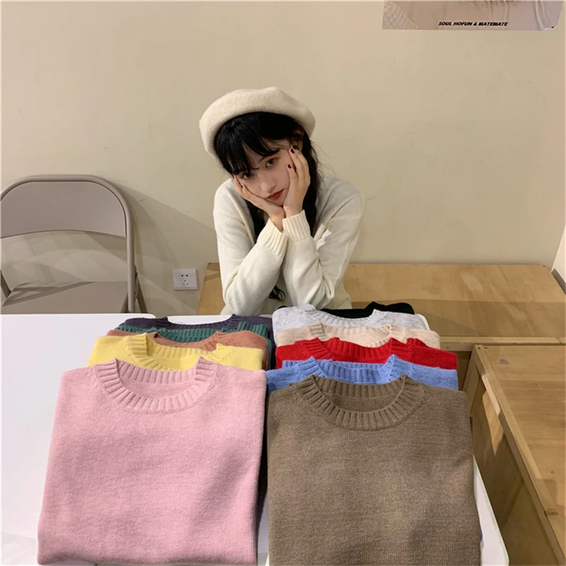 BGTEEVER 12 цветов винтажный женский свитер с круглым вырезом осень зима свитер женский длинный рукав свободный покрой пуловеры Джемперы femme