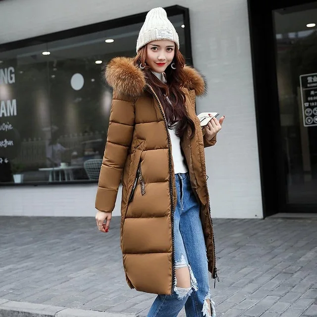 Зимняя женская куртка, высокое качество, женский пуховик,, длинный, тонкий, сплошной цвет, женские куртки, на молнии, с меховым воротником, женский пуховик - Цвет: Caramel Color