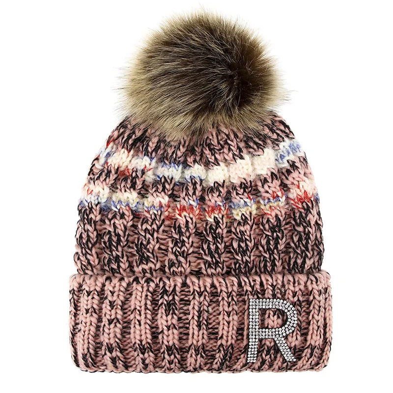 Fashion Striped Letter Winter Warm Hat Women Pompom knitted Beanies Hats Girls Thick Beanie Skullies Hat Snow Hat Bonnet