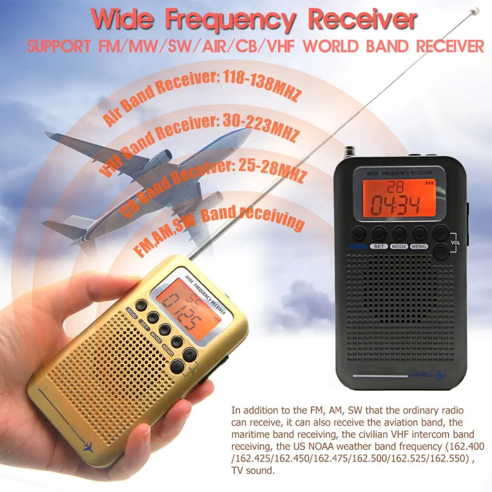 

HRD-737 Portable Radio Aircraft Band Receiver FM/AM/SW/ CB/Air/VHF Radio World Band with LCD Display Alarm Clock