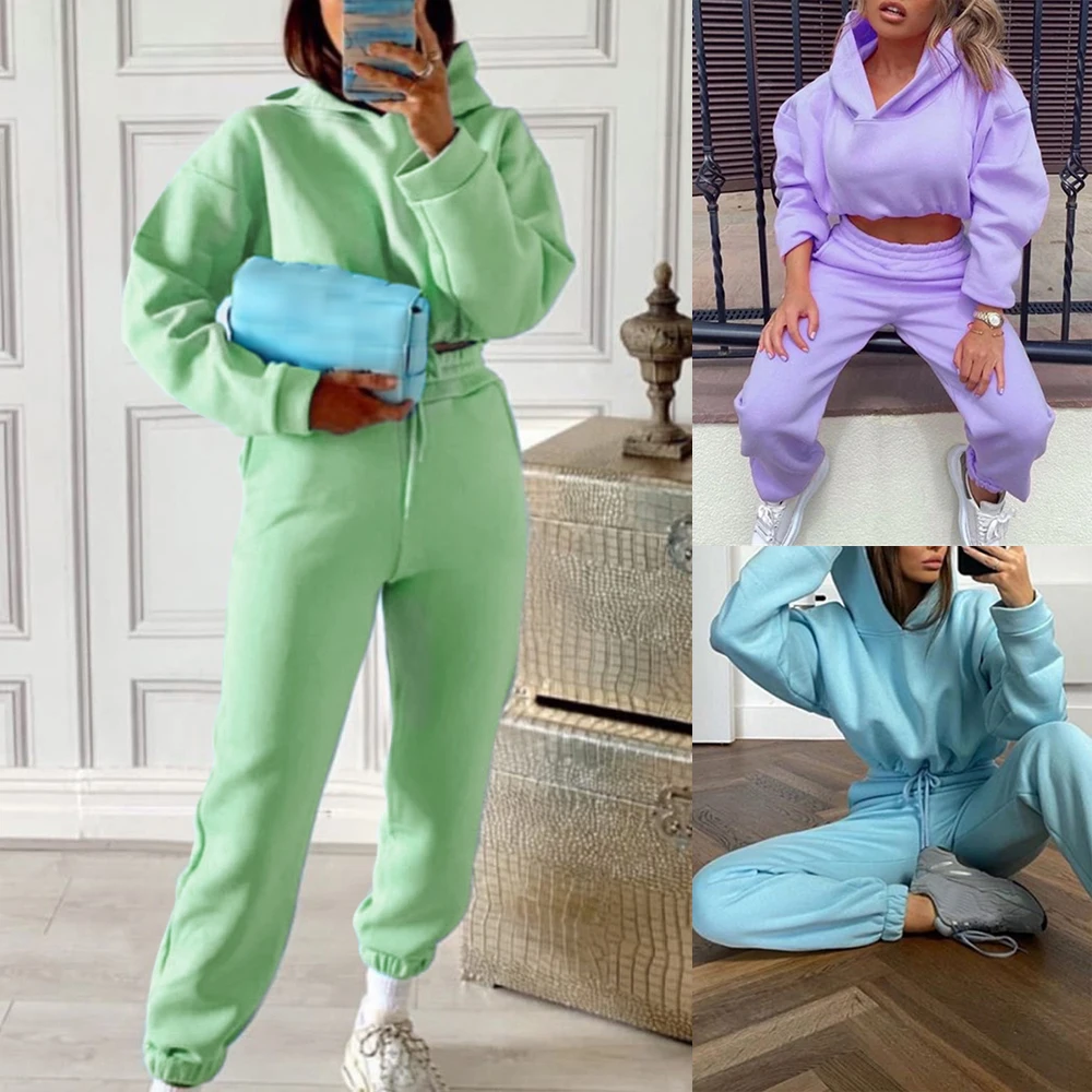 

Women Sports 2 Pieces Set Sweatshirts Pullover Hoodies Pants Suit 2021 Home Sweatpants Trousers Outfits Solid Casual Tracksuit