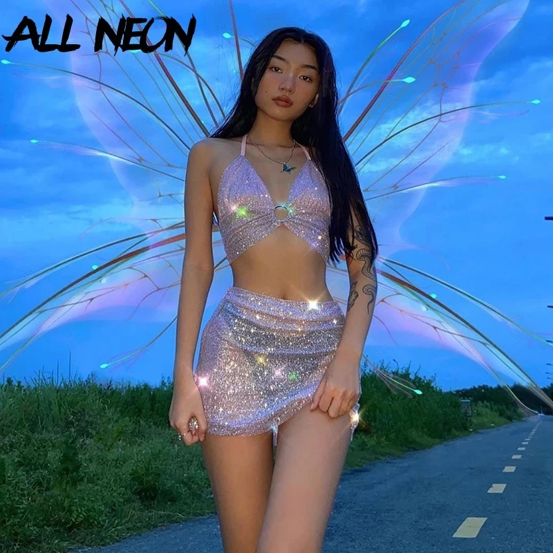 Комплект из двух предметов ALLNeon блестящий 2000s уличная одежда бандажный топ с