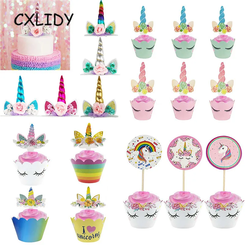 Rainbow Unicorn Cupcake Wrappers Cake Topper Happy Birthday Party Cake Decorations Kids Baby Shower Unicorn Party Supplies GM001 (39)