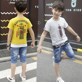 

2020 Boys' Summer Wear New Set Short Sleeve T-shirt Cross-border Children's English Denim Two-piece Fashion Cotton