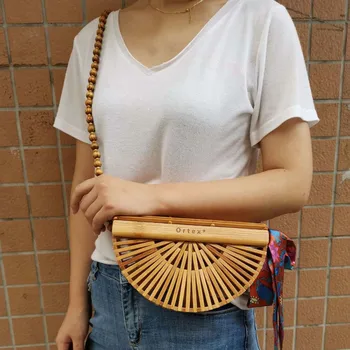 

Fashion Bamboo Braided Bag Handmade Woven Crossbody Bags Semi-circle Bamboo Handbags Basket(With Scarf) Messenger Bags