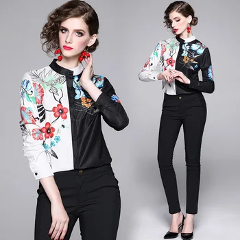 

2019 Designer Runway Top High Quality Autumn Spring Shirt Women Long Sleeve Print Brand Runway Shirts Womens Tops Blouses Blusas