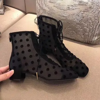 

2020 Summer Women's Boots Mesh Polka Dot Lace-up Sexy Boots Ladies Clear Shoes Back Zipper Square Heels Zapatos De Mujer Luxury
