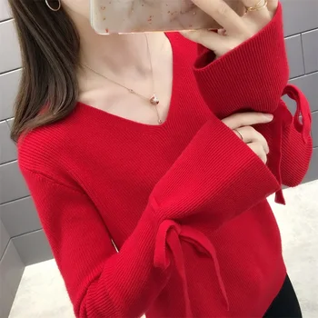 

5619 (No. 5 Upper Middle Building) Autumn Dress New Style Sleeve V-neck Knitted Sweater with Bell Sleeves 46ff