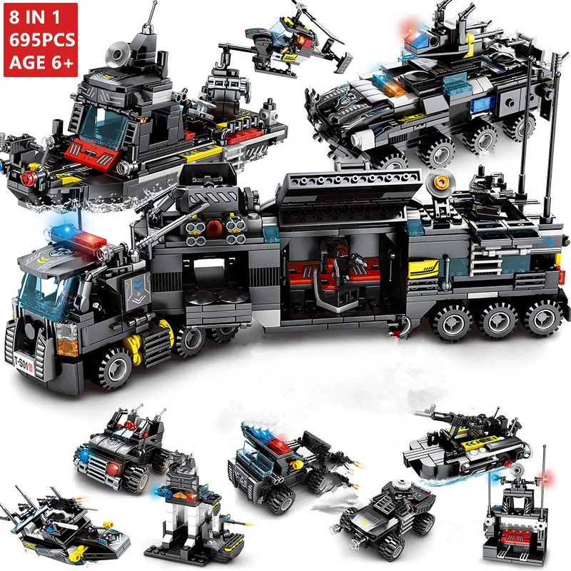 Tanie 8 sztuk partia 695 sztuk policja miejska SWAT Building Blocks kompatybilny LegoINGlys miasto bloki Technic cegły Playmobil zabawki dla dzieci