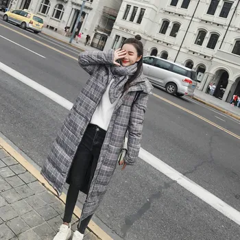 

Winter Down Cotton Jackets Long Sleeve Hooded Plaid Thick Warm Down Women Coat Korean Slim Long Parka Coat Female 2019 New