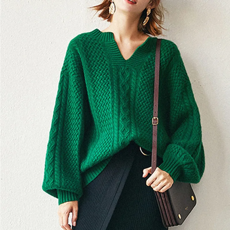 

Retro Emerald Loose Pullover Lantern Sleeve Sweater Small V-collar Wool Knitted 2020 Pullovers O-Neck Women Sweater