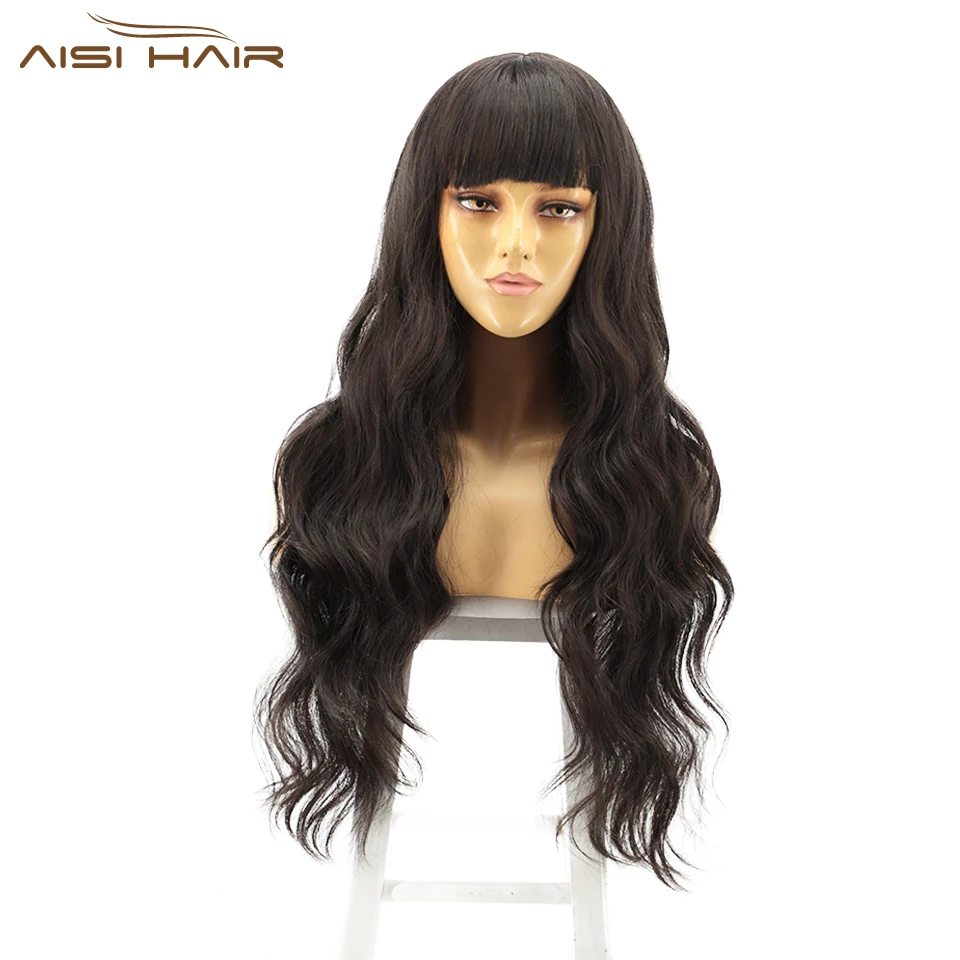 

AISI HAIR Natural Looking 26 Inch Synthetic Lace Wigs With Bangs Black Mixed Brown Long Wavy Wigs For Black Women Natural Wigs