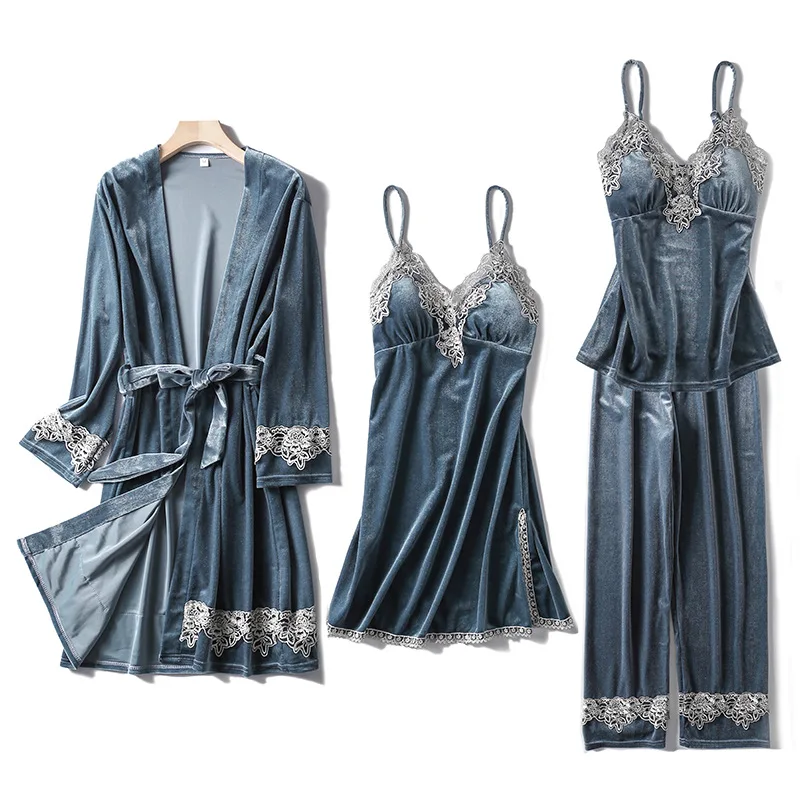 Kupokasi 4Pcs Pajamas Sets For Women Gold Velvet Warm Winter Pyjama Femme V-Neck Sexy Sleepwear Lingerie Sleeveless Nightwear