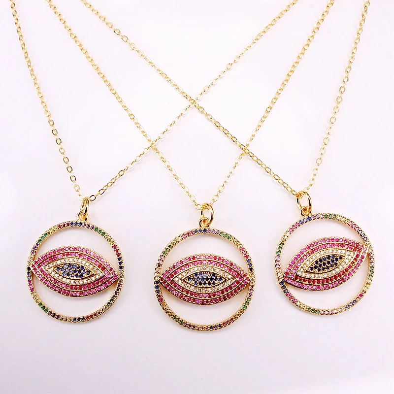 

6PCS, Gold Color Rainbow Crystal Jewelry Gifts Fashion CZ Micro Pave Multi Colorful Zirconia Round Eye Pendant Necklaces