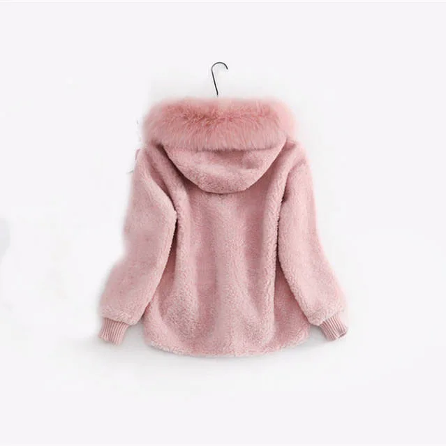 Женское короткое пальто, свободное, однотонное, с длинными рукавами, бархатное, имитация лисьего меха, Овечья голова с капюшоном, плотное, теплое