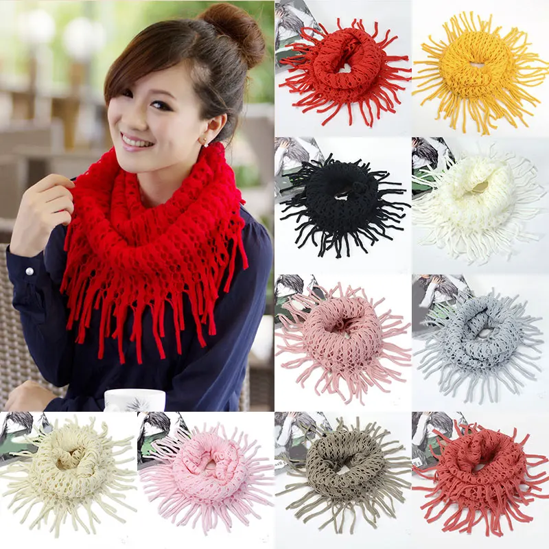

New Hollow Out Tassel Knitted Wool Snood Scarf Cowl Neck Circle Shawl Wrap Ring Scarves Women Fashion Solid Color Red Pink Scarf
