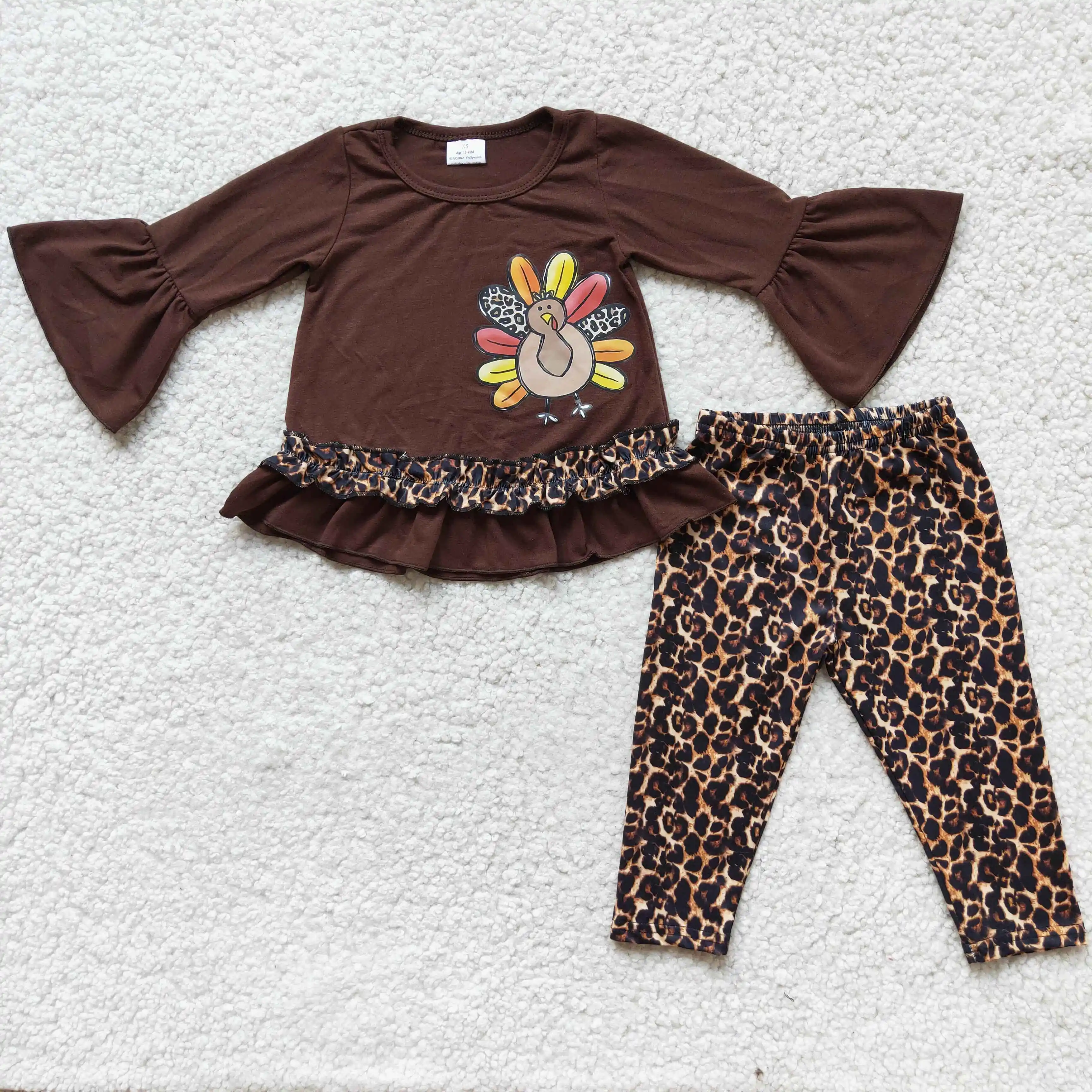 

RTS Baby girls Thanksgiving turkey vinyl cotton ruffle tunic leopard wholesale children kids boutique outfits fall clothing sets