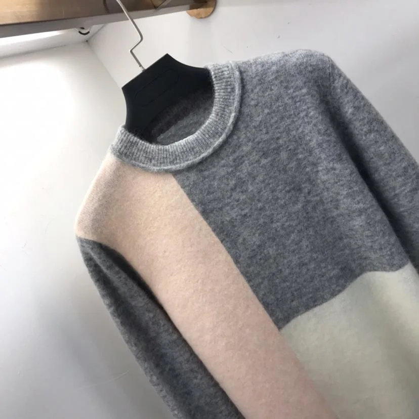 Новая дамская мода с длинным рукавом пикантные Colorblock(цветовой блок), вязаный пуловер с круглым вырезом 0920