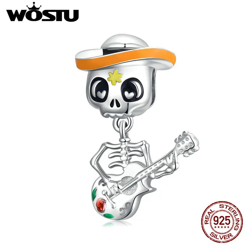 Wostu 925 пробы Серебряный Хэллоуин Череп Человек с Шарм в виде гитары для