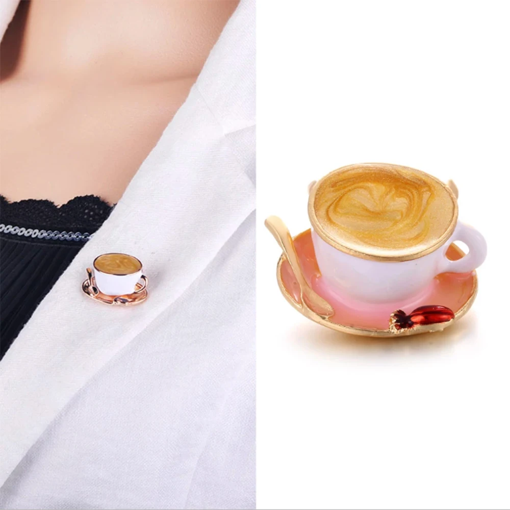 Cute Coffee Cup Spoon Disc Shape Enamel Brooches Fashion White Gold Color Brooch Pins Women Men Clothes Suit Coat Accessories | Украшения и