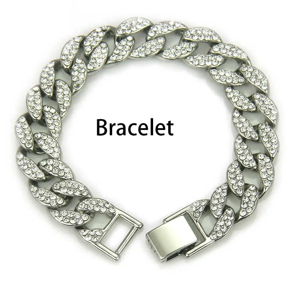 Silver Bracelet 3 шт. ожерелье+ часы+ браслет хип-хоп кубинская цепочка в стиле «Майями» золото серебро Iced Out проложили Стразы CZ Bling Rapper мужские ювелирные изделия Joyas - Окраска металла: Silver Bracelet