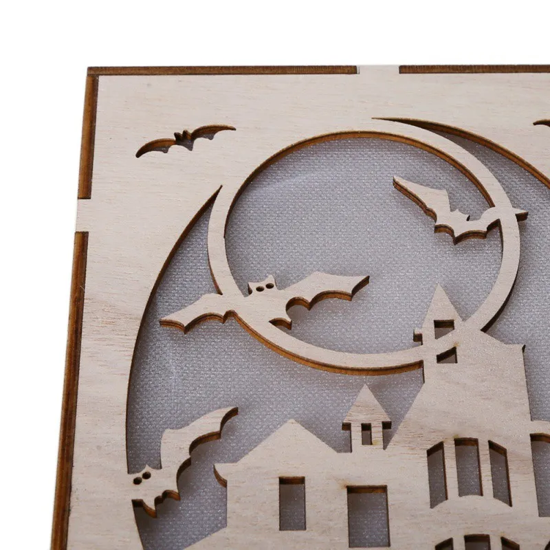 Halloween Hanging Decoration LED Light Haunted House Moon Bat Pattern Wooden Rectangular Laser Hollow Hanging Decoration