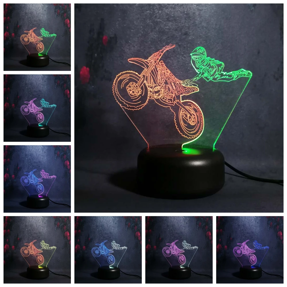 Супер крутой мотоцикл летающий человек креативный 3D USB Иллюзия ночник подростковый мальчик как гоночный художественный Декор Смешанные многоцветные настольные лампы - Испускаемый цвет: 7 color change