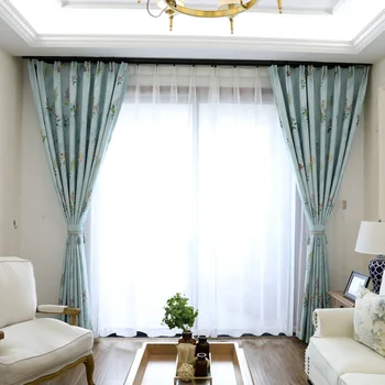 

Readymade rural light blue curtains fabric ring, blackout bay bedroom window curtain for kitchen, living room ( #LRJHA1801)