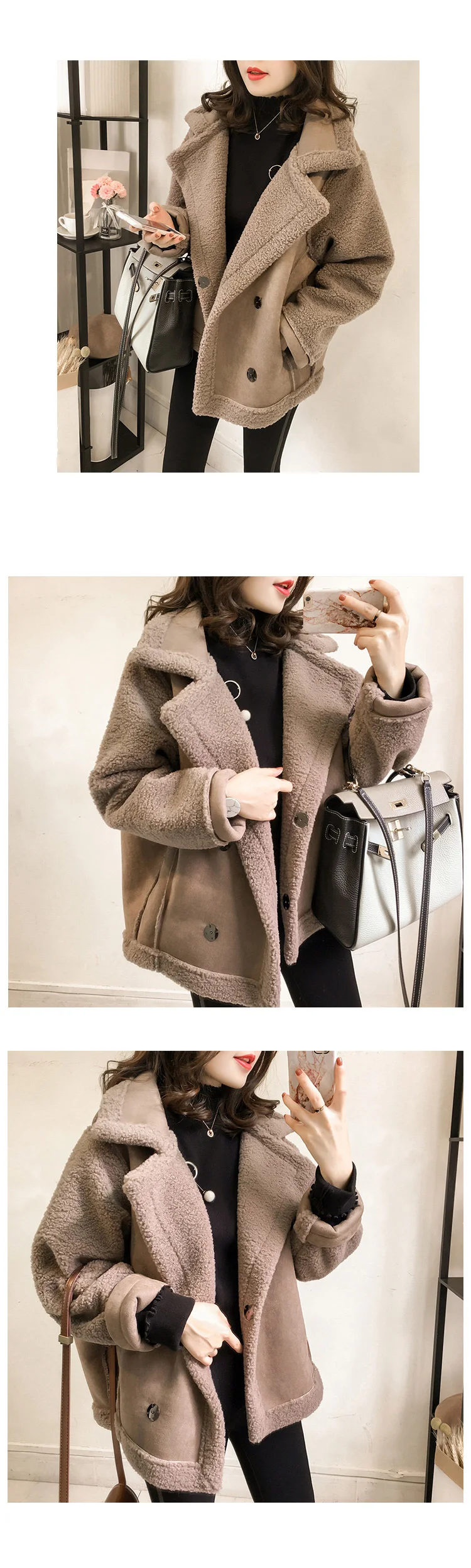 Замшевое пальто из овечьего меха, женская модная байкерская куртка из искусственного меха, Женская свободная Толстая зимняя куртка, Женское пальто