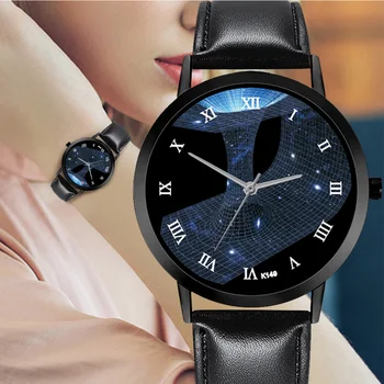 

Ladies Casual Analog Quartz Watch 3D Round Dial and PU Leather Strap IK88
