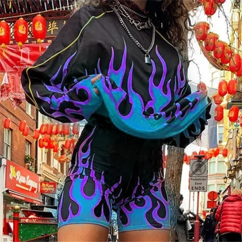 

Women Streetwear Flaming Print Loose Pullover Hoodies Autumn Fashion O Neck Long Sleeve Sweatshirt Hoodie Tee Tops