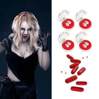 

4pc Vampire Denture Set With Blood Capsule Vampire Teeth Kit Makeup Props For Halloween Party Decoration