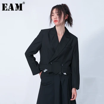 

[EAM] Loose Fit Black Brief Burr Split Joint Short Jacket New Lapel Long Sleeve Women Coat Fashion Tide Spring 2020 1N701