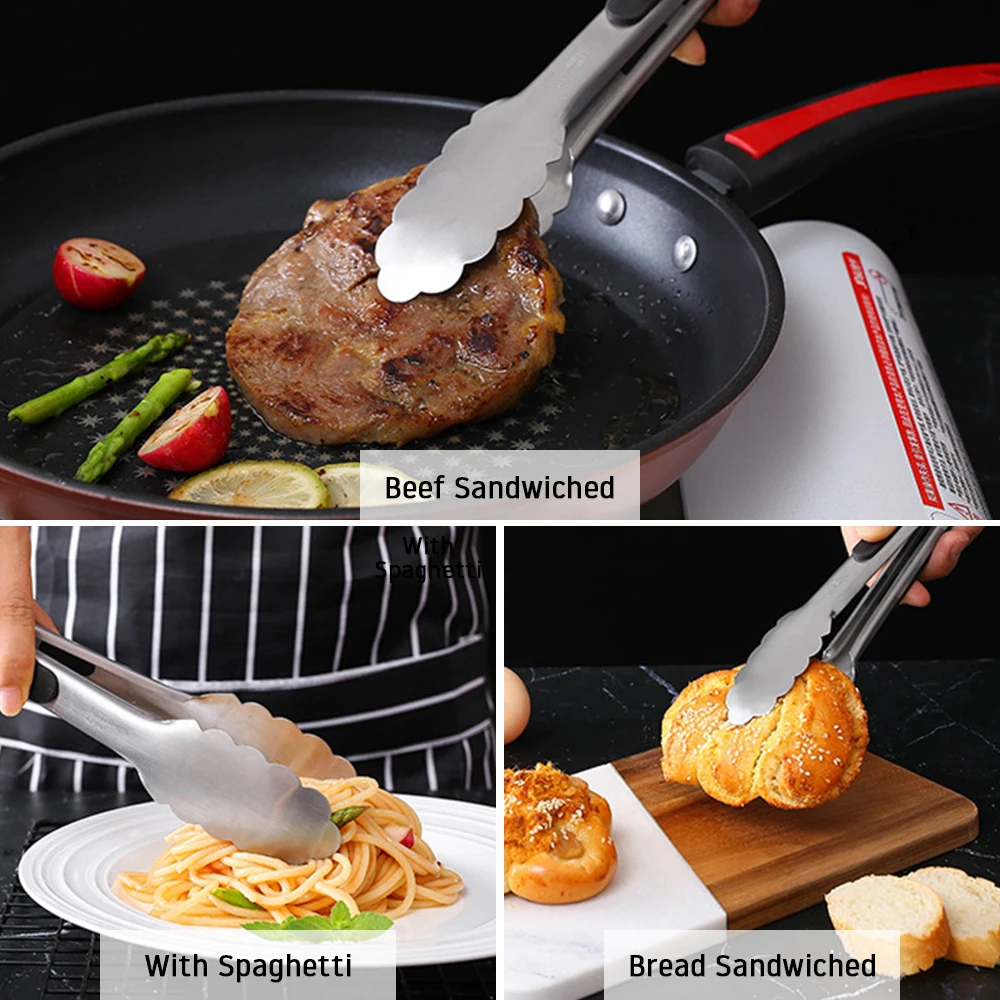 9/12/16 Inch Long Bbq Tongs Non-Slip Handle Stainless Steel Fried Barbecue Clip Salad Bread Clamp Kitchen Tools Meat Food Clip — view 6