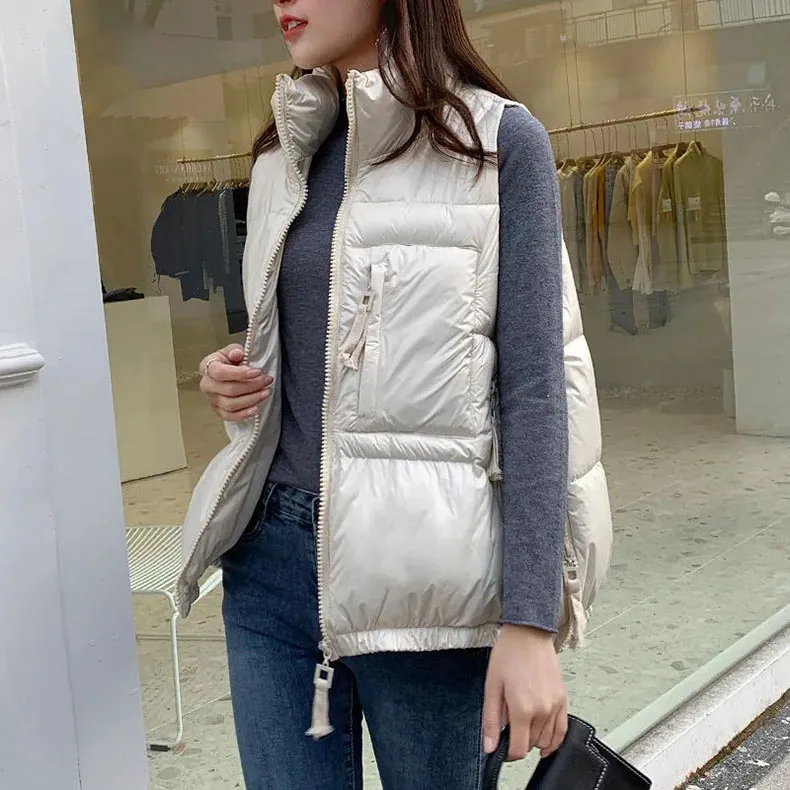 Winter Woman Down Cotton Short Vest Coat Yellow Stand Colloar Sleeveless Jacket Large size Waistcoat Korean Style Gilet Femme petite long puffer coat