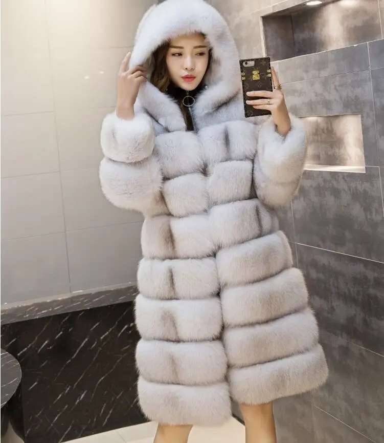 Новинка, зимнее толстое теплое длинное пальто из искусственного меха для женщин, плюс размер, с капюшоном, с длинным рукавом, куртка из искусственного меха, Роскошные зимние меховые пальто bontjas - Цвет: fox color