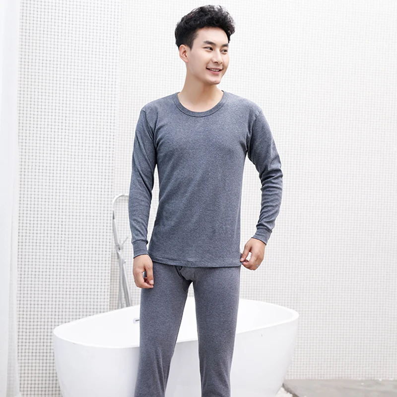 80% OFF Casual Man Underwear Middle Collar Medium Pure Color Suit Shirt + Pants 2 Piece Set Warm Thick Plus Velvet Clothes SuitPlease