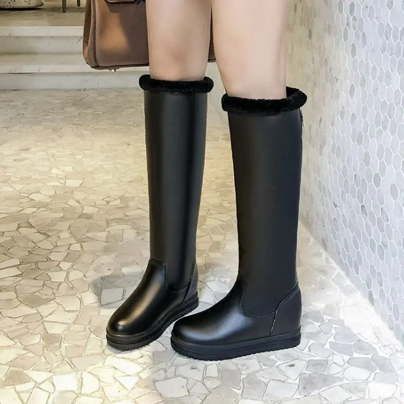ASILETO Round Toe Flat Zipper Warm Solid Wool Sock Short Plush Knee High Faux Leather Snow Boots Black White Pink Size 34-43