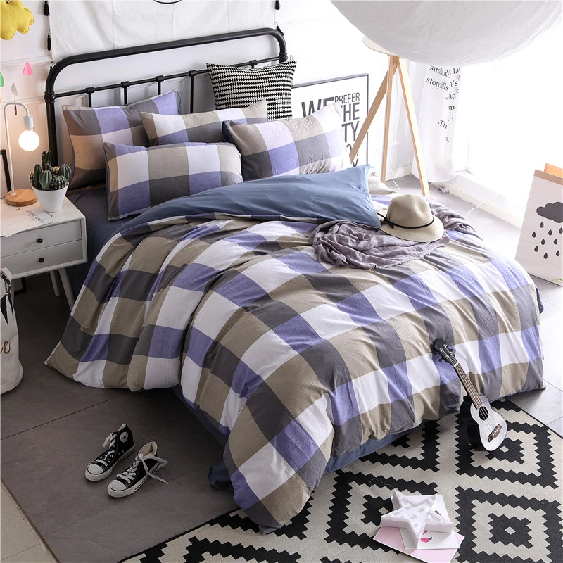 

ANNAs Good Stuff 2019 New Plaid BeddingSet Purple White Plaid QuiltCover Pure Color Bedsheet 4pcs Home Textile King Size Bedding