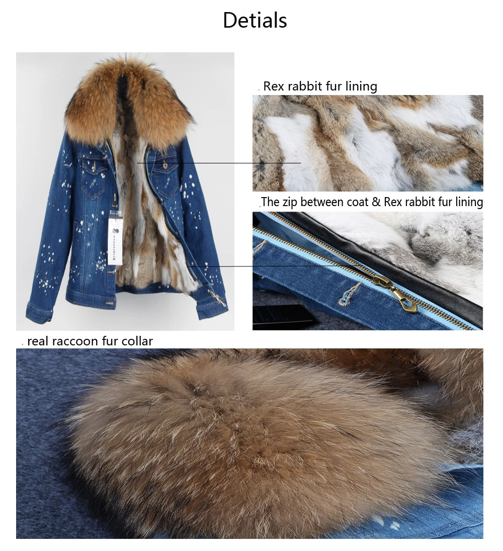 FURTJY/Модная женская джинсовая куртка, большой воротник из меха енота, парки, верхняя одежда, съемная зимняя куртка с подкладкой из кроличьего меха