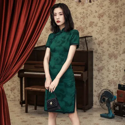 Sheng Coco, M-4XL размера плюс, женские кружевные платья Cheongsam, обтягивающие, улучшенные, Cheongsam, короткий рукав, Ципао, китайское свадебное платье - Цвет: green retro qipao