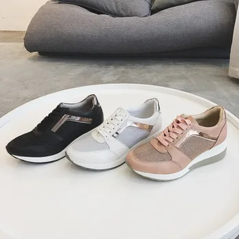 

Women Breathable Shoes 2020 Casual Platform Wedge Fashion Sneaker With Zipper Easy to Wear Glitter Cloth Running Shoes