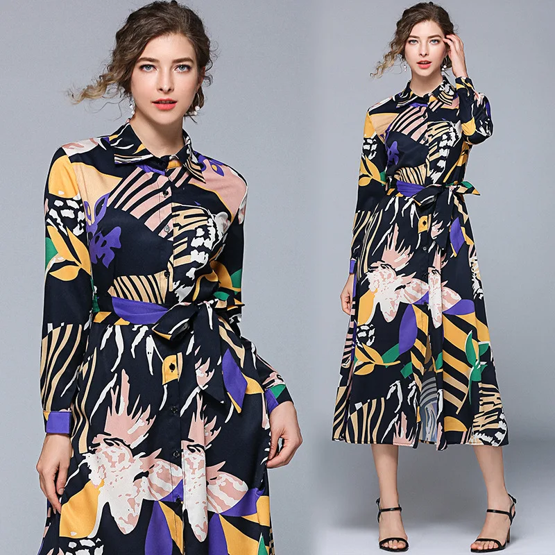 

13022019 Spring And Summer New Style Printed Dress Straight-Cut Waist Hugging Shirt Dress