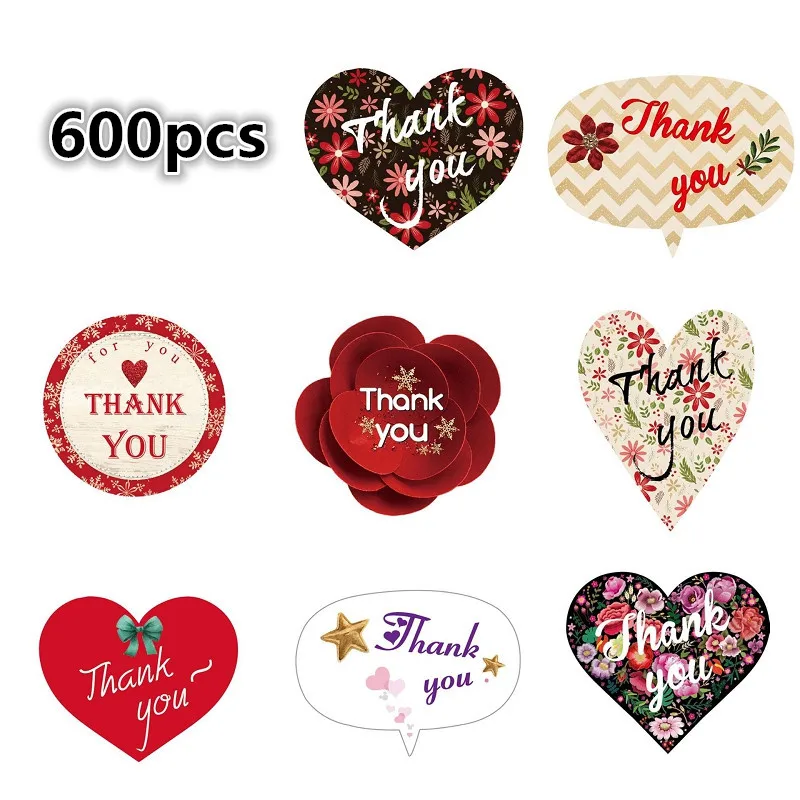 

Over Size Amazing 600pcs/roll Heart & Round Thank You Sticker Love Gift Cookie Baking Handmade Flower Bouquets Sealing Labels