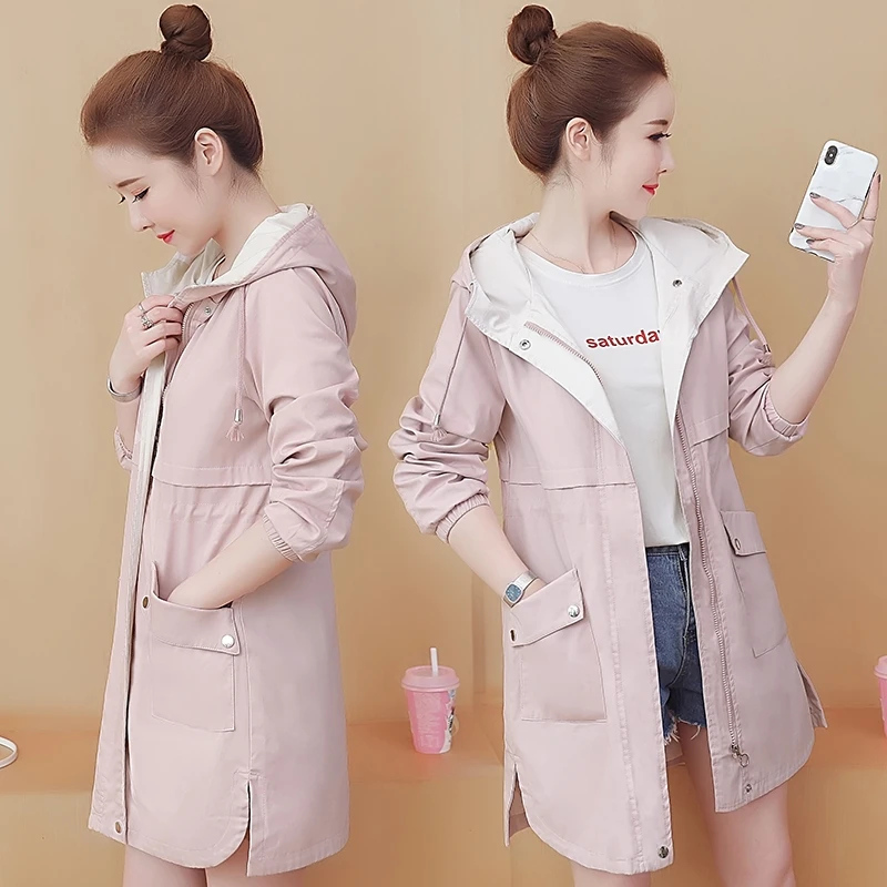 New Women Clothing Hooded Trench Coat Spring Autumn Korean Slim Female Student Windbreaker Large Size Loose Ladies Outerwear W52
