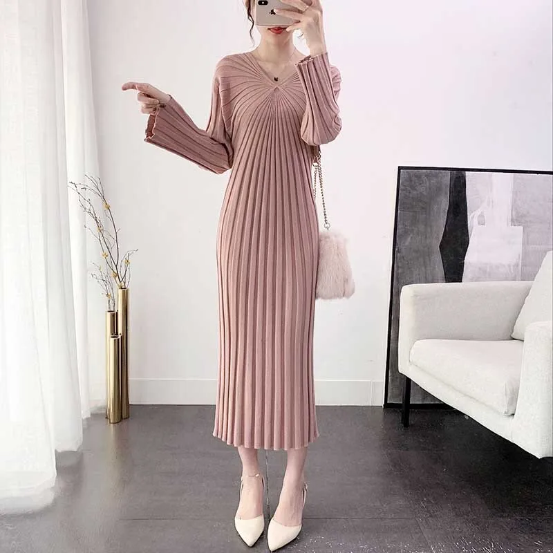 

One-Piece Dress Ladies Slim Knitted Sweater Elegant Dresses 2020 New Winter Women'S Fashion Long Sleeve Hedging Dress Long Dress