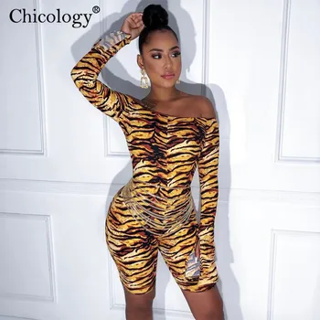 

Chicology tiger print off shoulder side split flare long sleeve playsuit women sexy romper 2019 autumn winter streetwear clothes