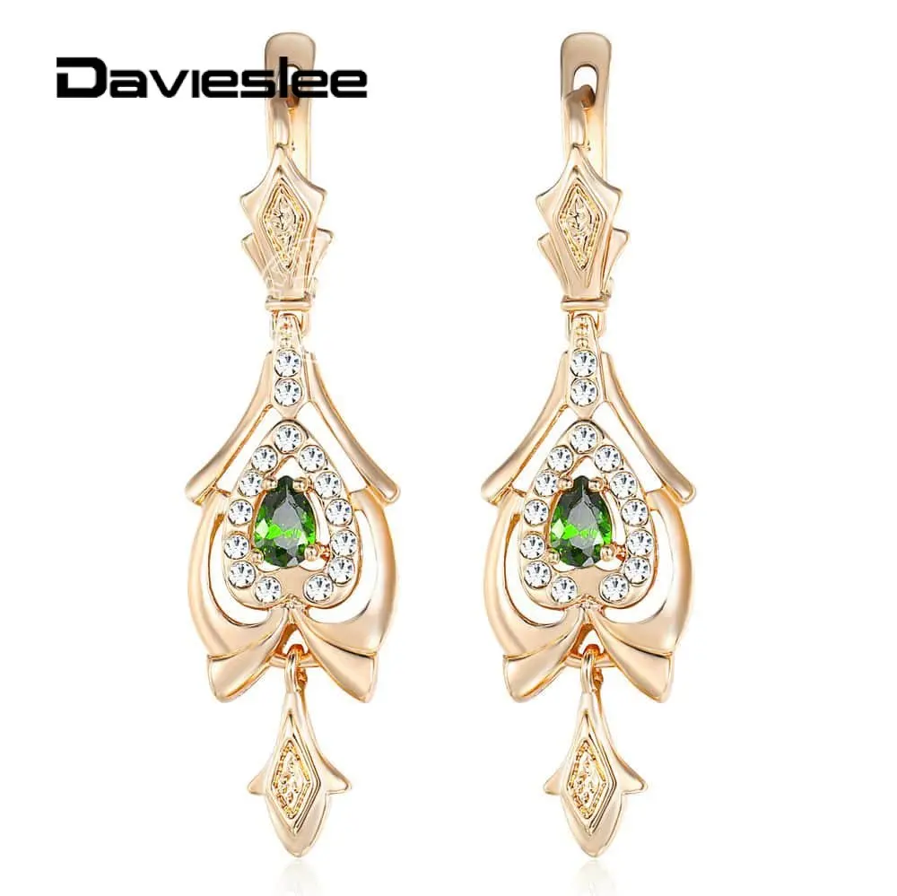 Davieslee серьги -капли для женщин каплевидные оливковый зеленый CZ 585 розовое золото с